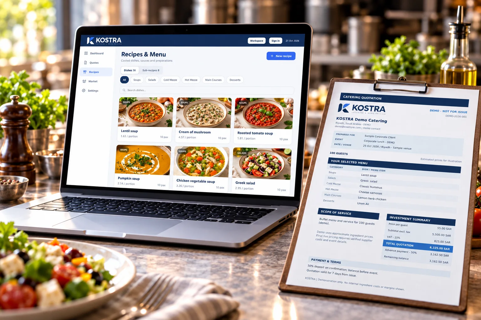 KOSTRA recipe workspace on a laptop beside a branded example catering quotation in a professional kitchen