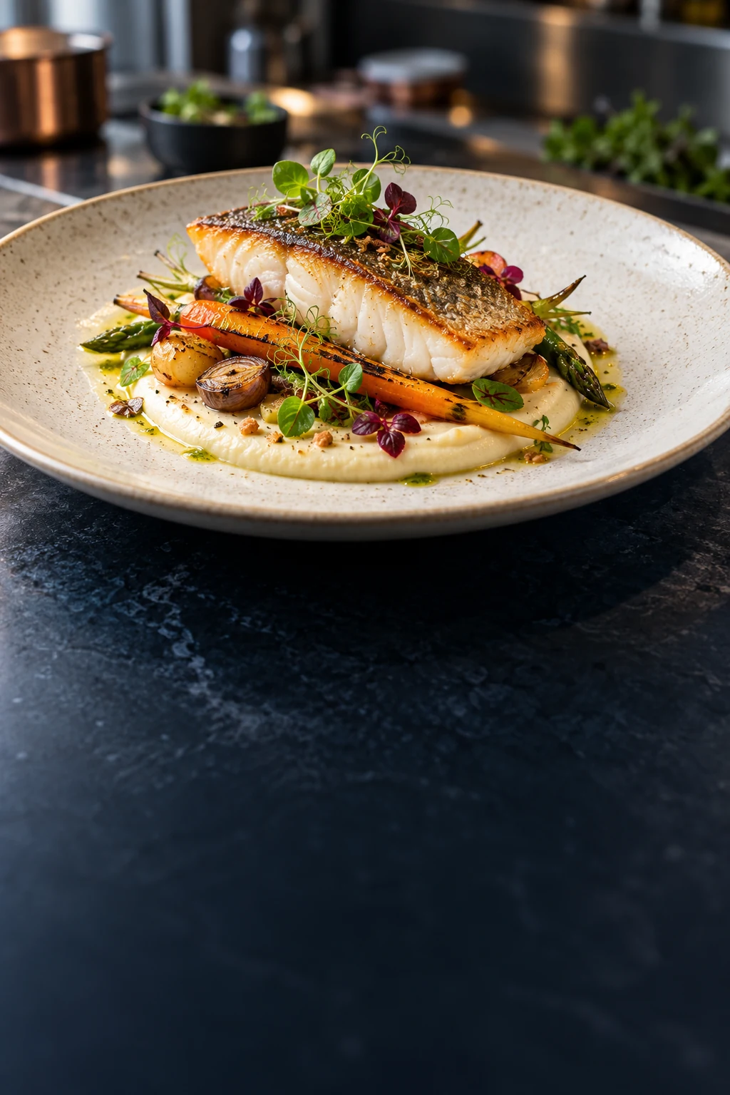 Chef-plated fish with seasonal vegetables