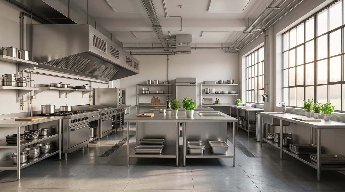 Bright professional kitchen with stainless workstations and natural light