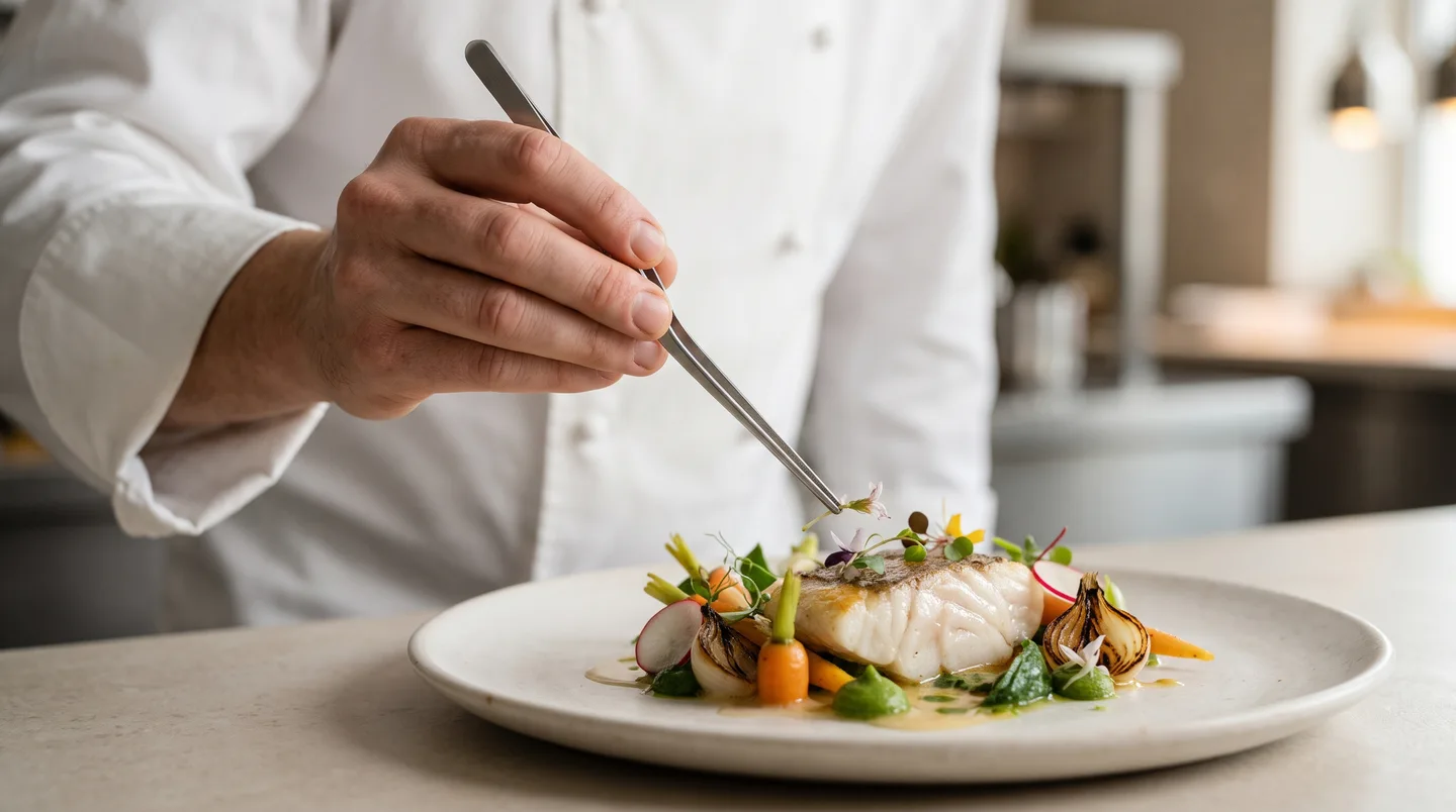 Chef delicately finishing a plated dish
