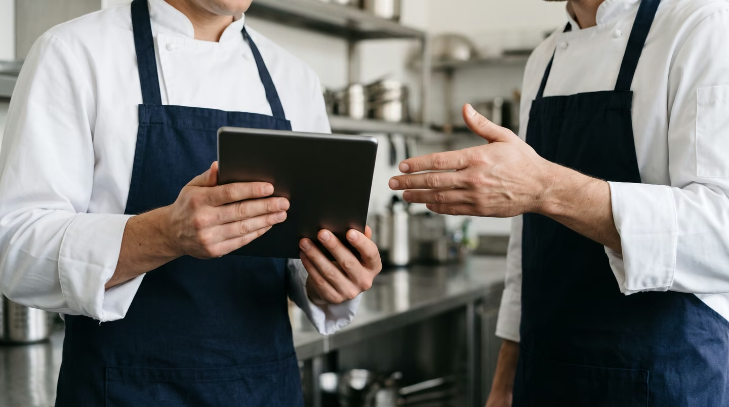 Culinary colleagues discussing a tablet
